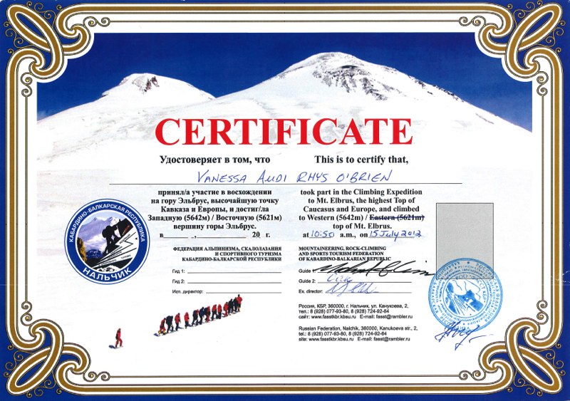 Climbing Certificates Vanessa O'Brien